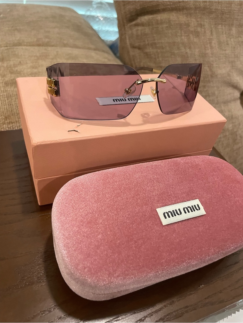 Miu Miu Pink Lens Rimless Sunglasses with Gold Bridge - Picture 2 of 7
